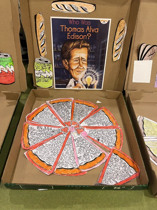 A pizza box decorated with a book screen and a paper places with book write details how an example of creative book report ideas