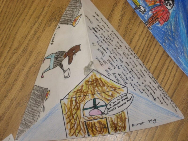 A pyradimal shaped 3D book report with illustrations and words written on any home